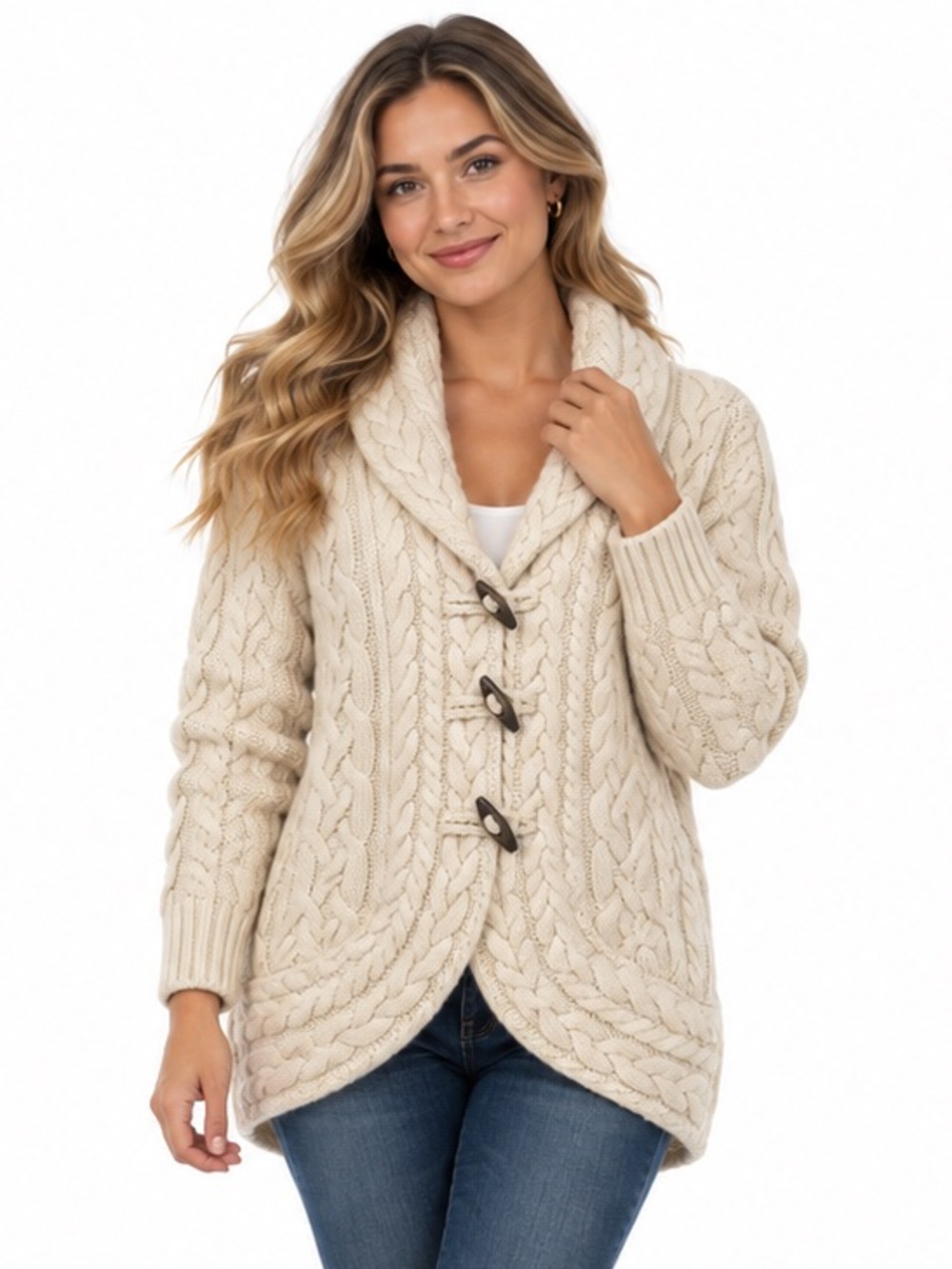 Brooks Brothers Merino Wool Cable Knit Cardigan XS Cream Shawl Collar Toggle
